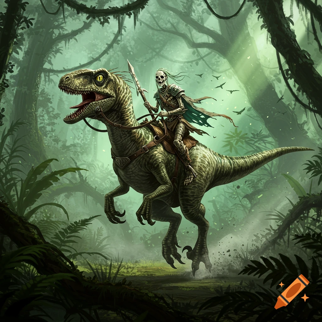 A skeletal warrior rides a fierce raptor through a misty jungle, holding a spear, in a detailed fantasy illustration.