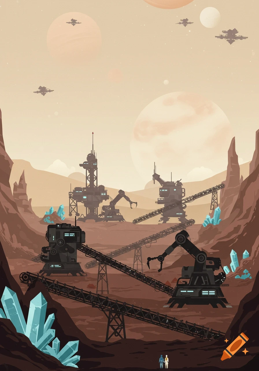 A flat design illustration of industrial mining operations on a red alien planet with large crystal formations, distant spaceships, and multiple moons. Two small figures stand in the foreground.