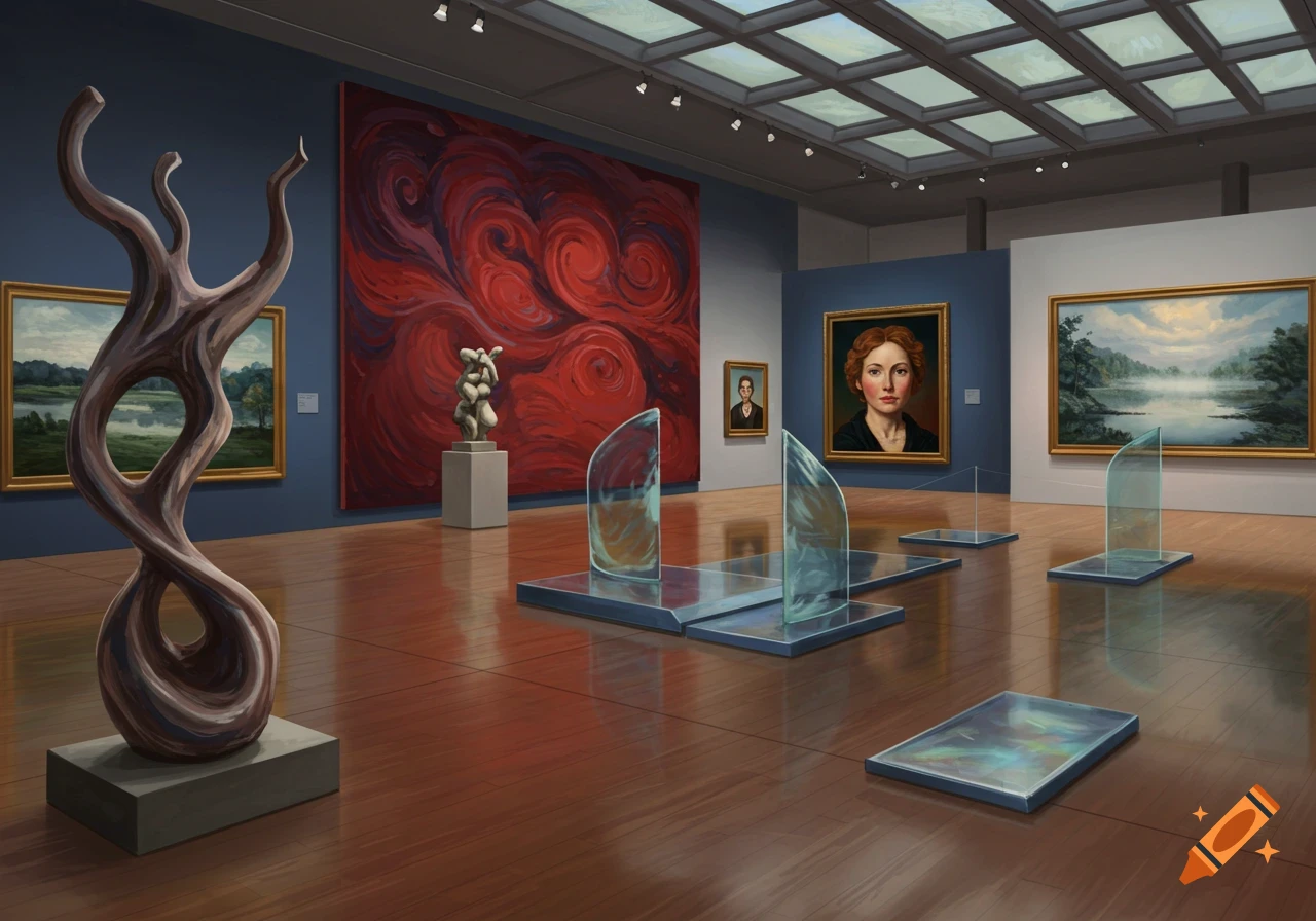 Interior view of an art museum with various paintings, abstract sculptures, and glass art pieces under a skylight ceiling.