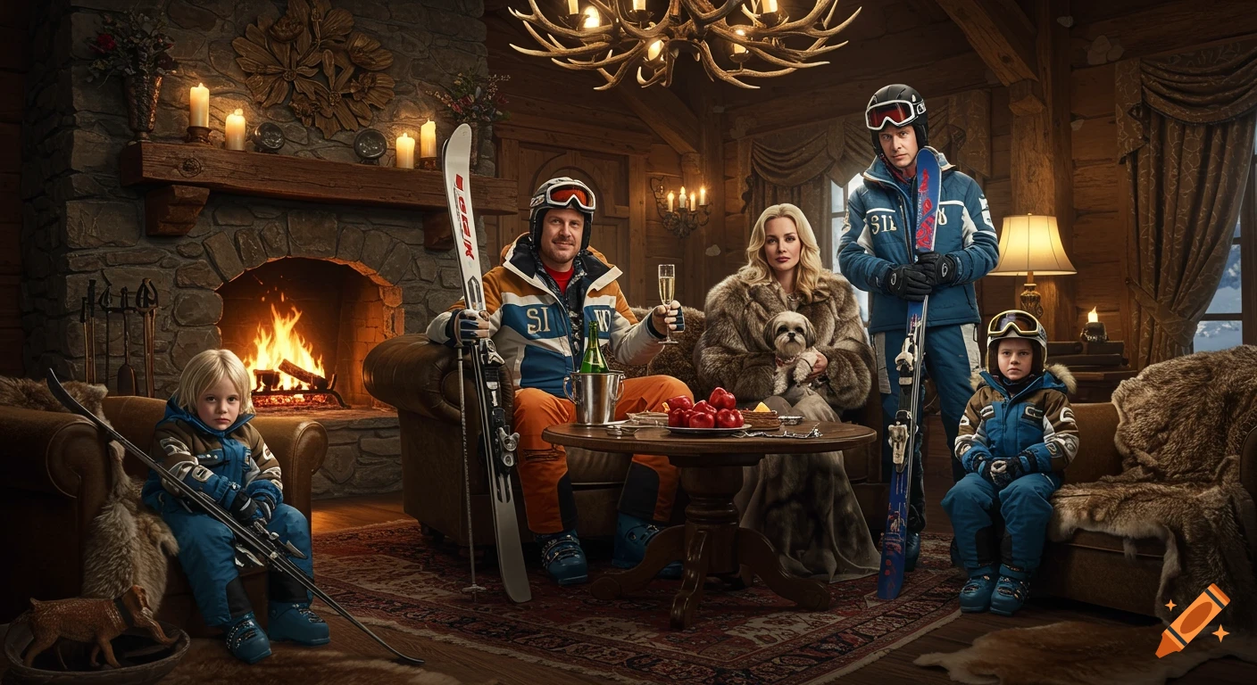 Wealthy ski family in an extravagant alpine lodge. Man with champagne, woman with dog, two bored kids in luxury ski gear by a fireplace.