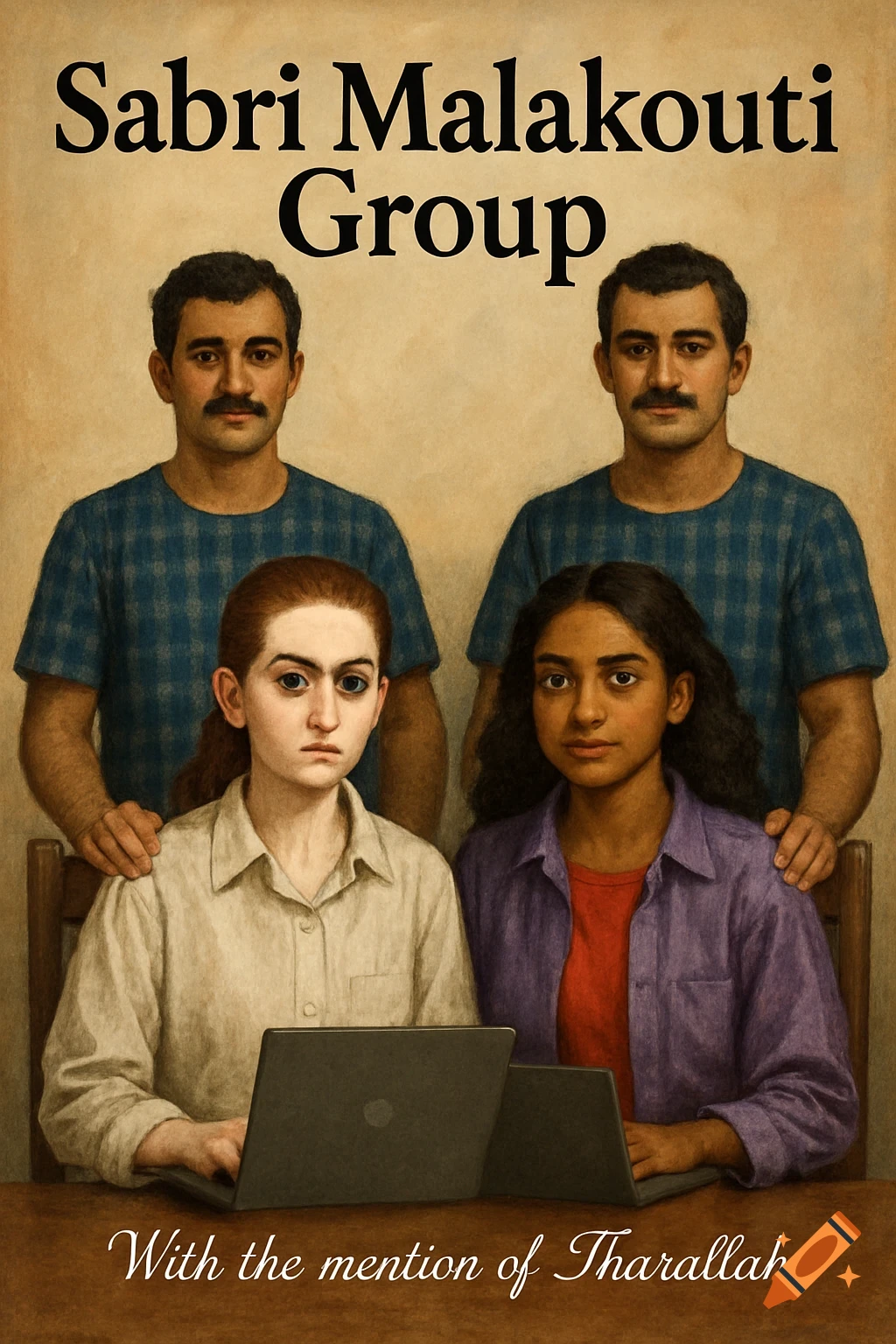 A stylized painting of two men standing behind two women seated at a table with laptops. Text reads "Sabri Malakouti Group" and "With the mention of Tharallah".