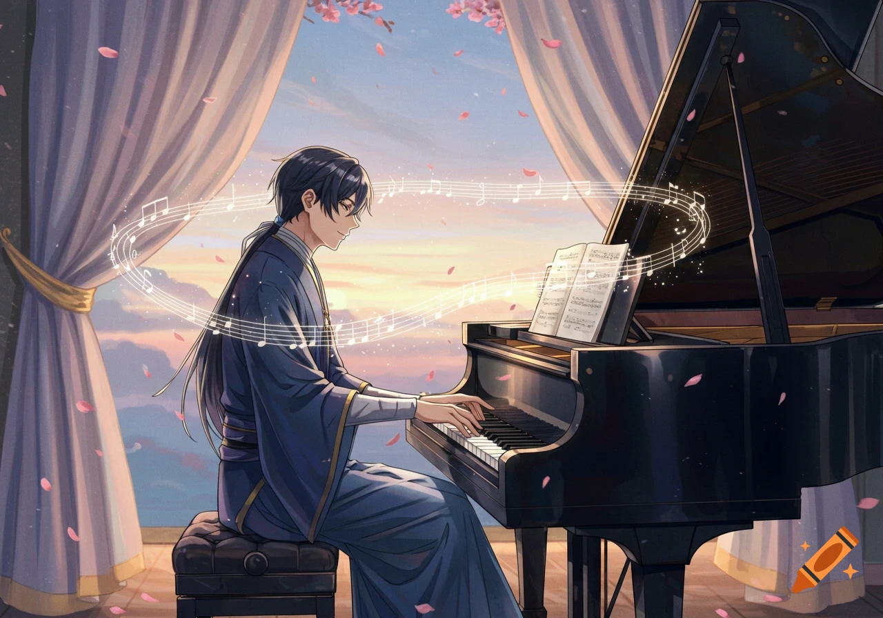 An anime person with dark hair in a blue kimono plays a grand piano by a window with flowing curtains and cherry blossoms, at sunset.
