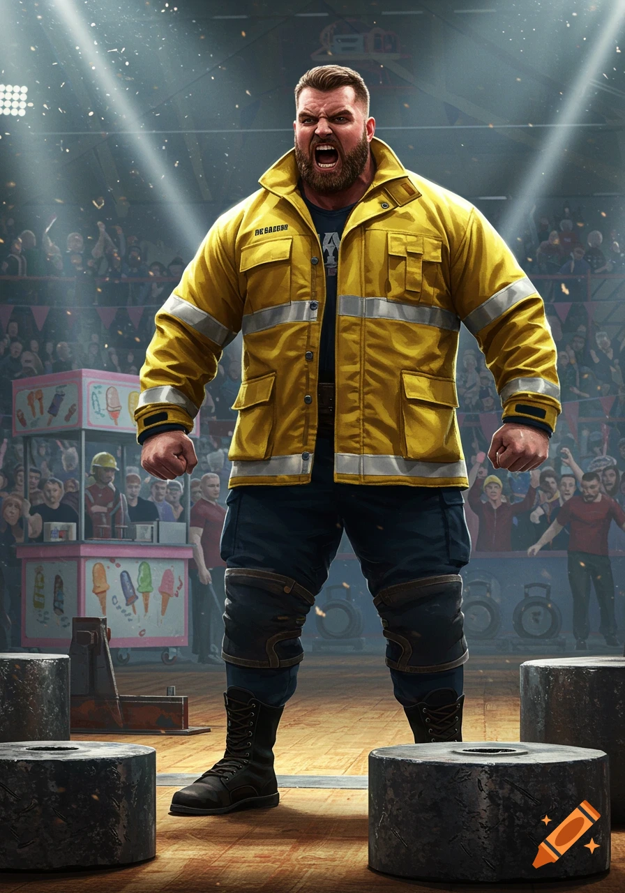A muscular man in a yellow firefighter jacket yells, flexing during a strongman competition, with an ice cream stand in the background.