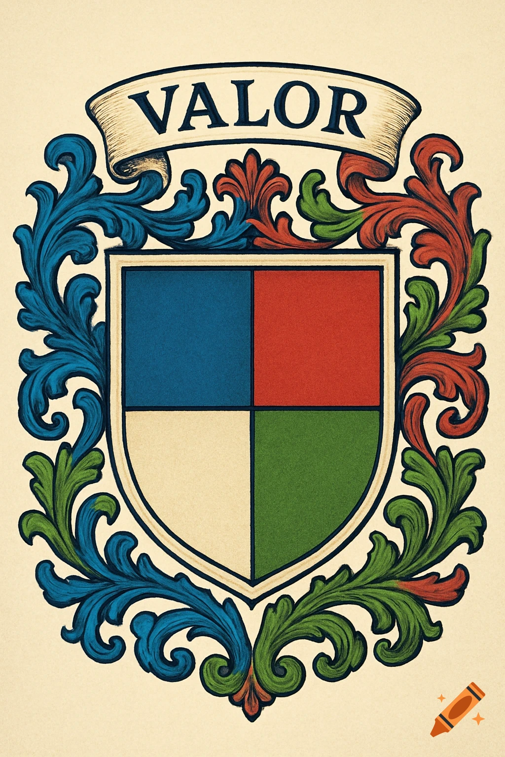Vintage-style heraldic crest with a blue, red, cream, green quad-divided shield, ornate foliage, and a banner reading 'VALOR'.
