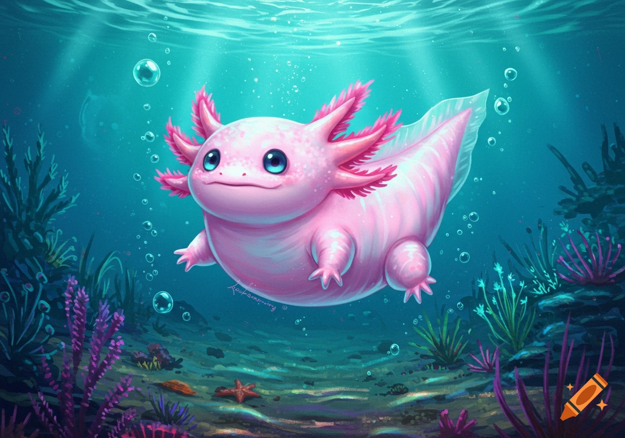 A cute, plump pink axolotl with blue eyes swims in a vibrant blue underwater scene with colorful coral and bubbles. Illustration.