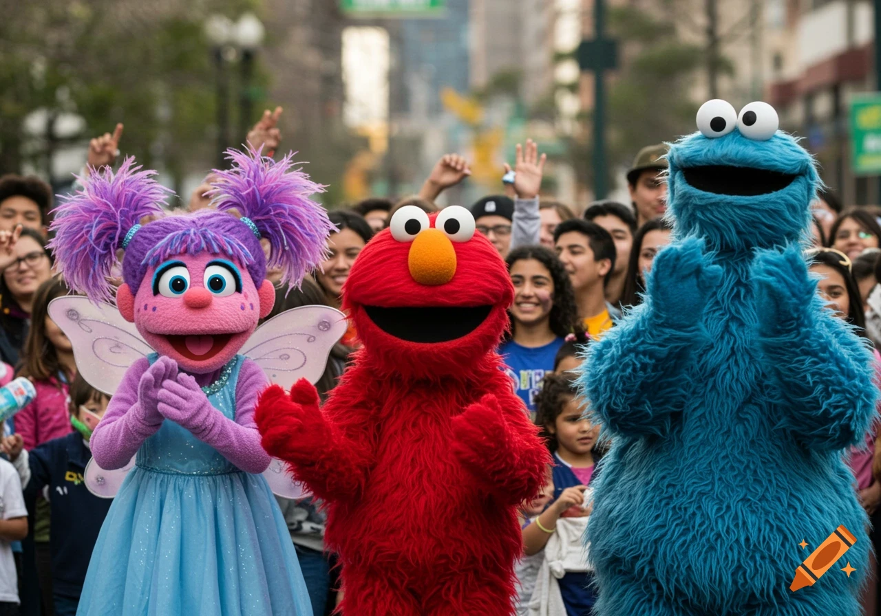 Abby Cadabby, Elmo, and Cookie Monster mascots among a smiling crowd in a street parade.
