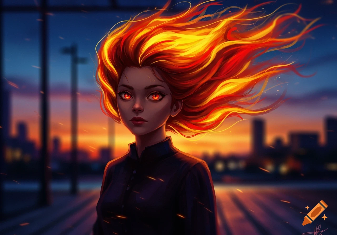 Stylized digital art of a woman with vibrant fiery hair and glowing red eyes, wearing a dark top, against a blurred city sunset.
