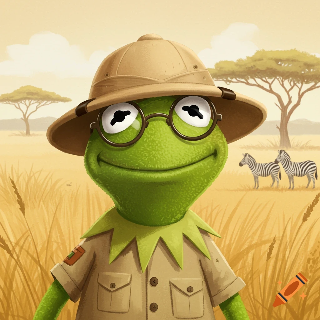 Illustration of Kermit the Frog wearing a safari hat and glasses, smirking in a savanna with zebras and acacia trees.