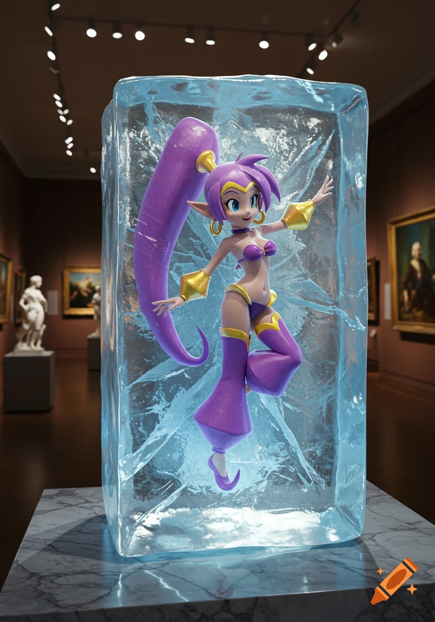 A 3D render of Shantae in a bikini, frozen in a large block of ice, displayed in a dimly lit museum.