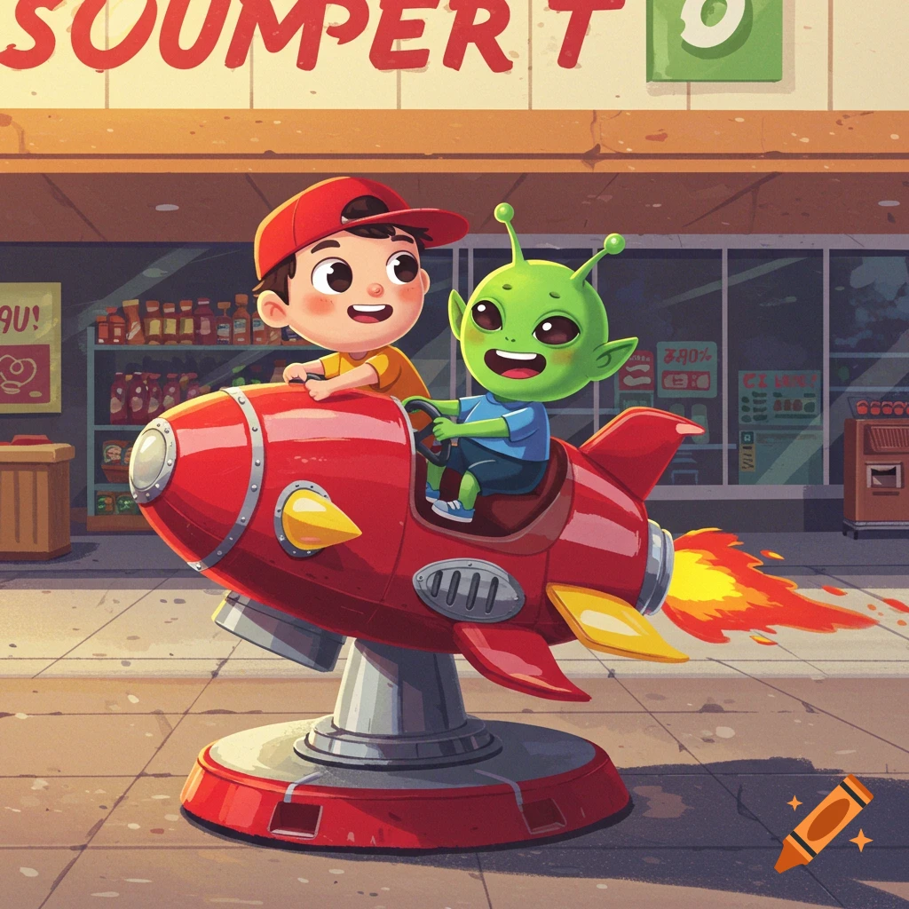 A cartoon boy and a green alien happily ride a red coin-operated rocket outside a supermarket with a partially visible, garbled sign.