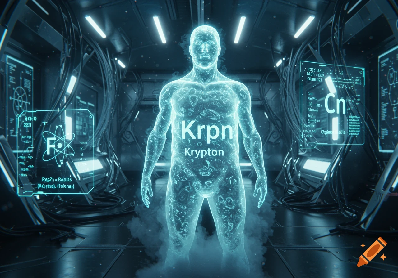 A glowing, translucent blue human figure stands in a futuristic, dark room with holographic scientific displays, one showing 'Krypton'.