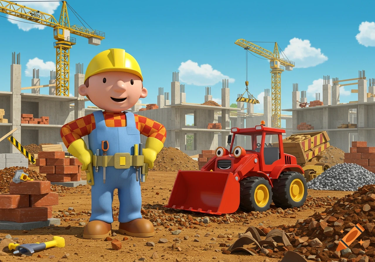 Bob the Builder and a red loader stand in a sunny construction site with concrete buildings and yellow cranes.
