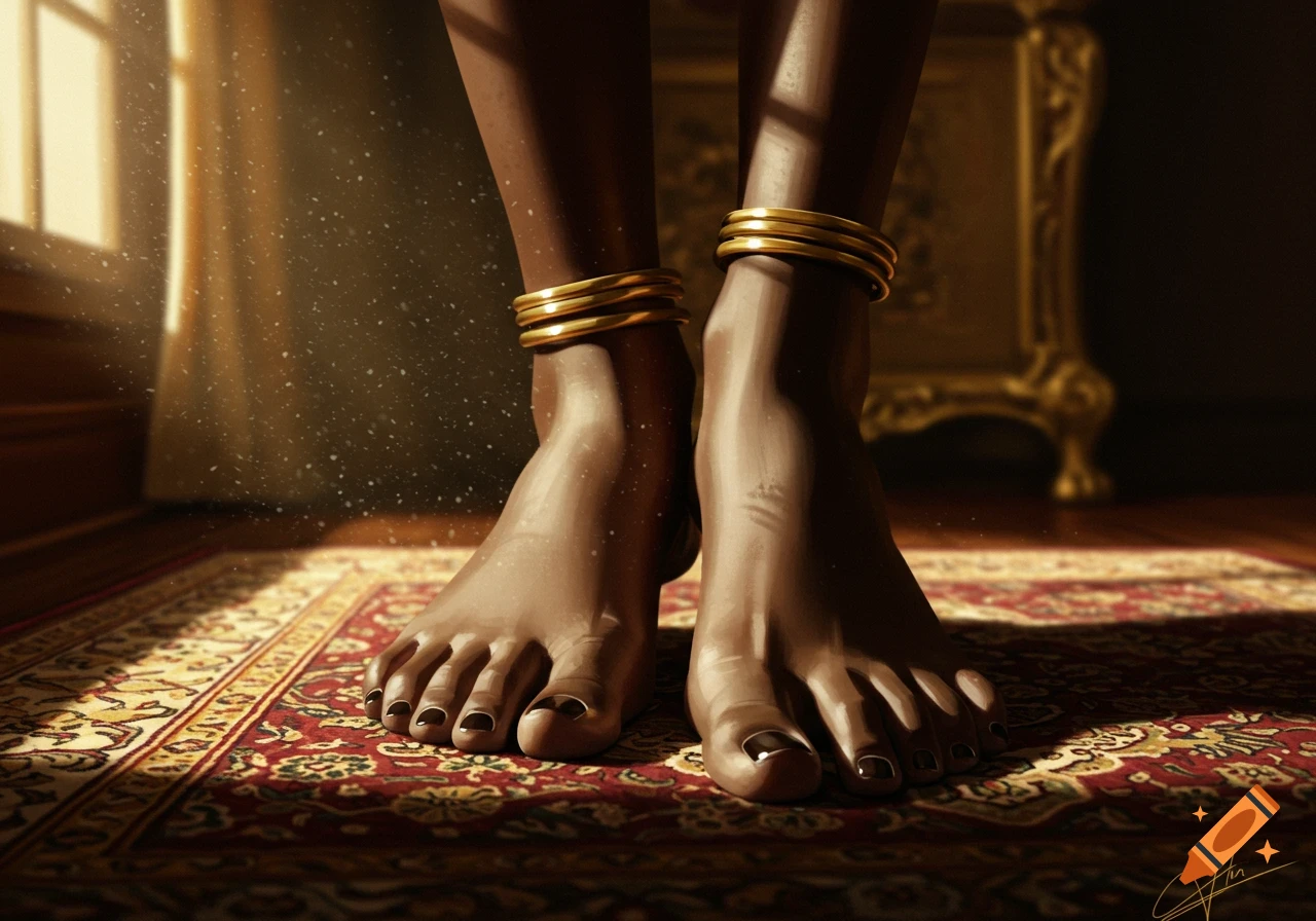 Dark-skinned feet with gold anklets standing on a patterned red rug in a sunlit room, with dust motes visible in the light.
