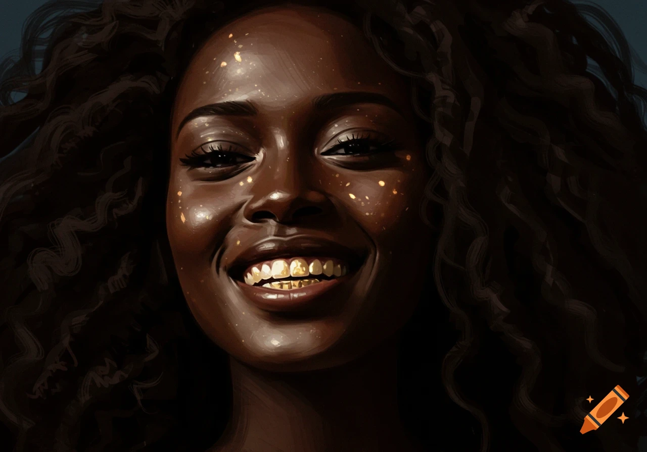 Close-up digital painting of a smiling Black woman with gold teeth and golden face glitter.