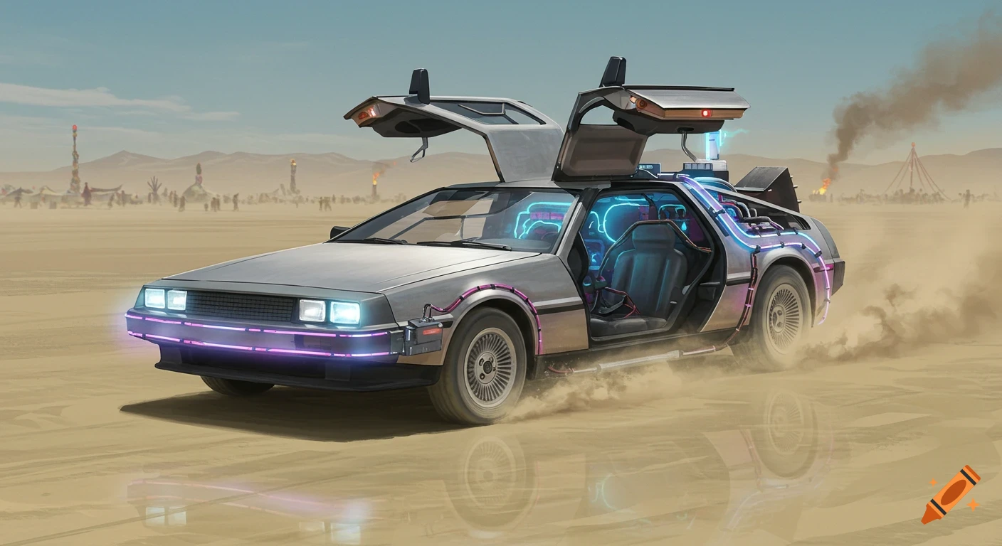 A neon-lit, modified DeLorean car drives through a dusty desert landscape with a festival in the background.
