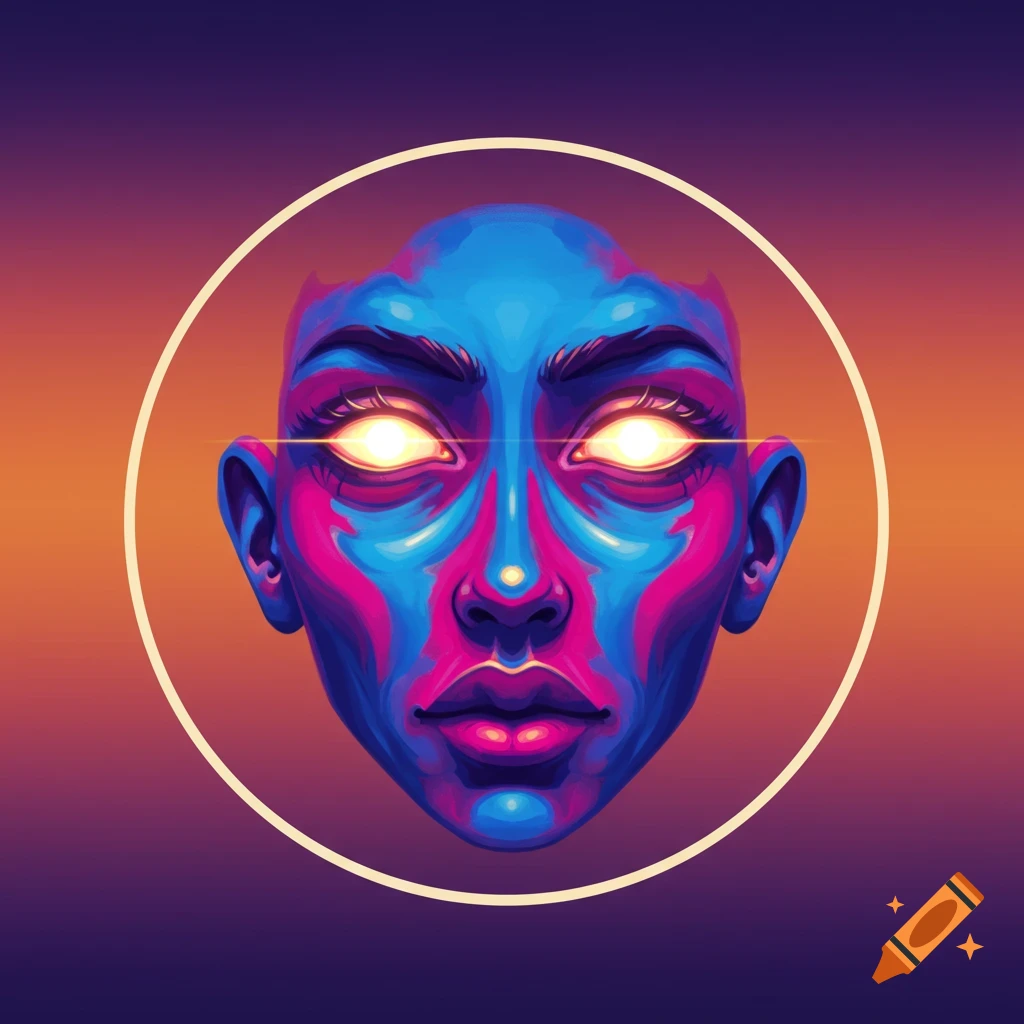 Vibrant, stylized illustration of a human face in blues and pinks, with glowing yellow eyes, centered within a white ring on a purple and orange gradient background.