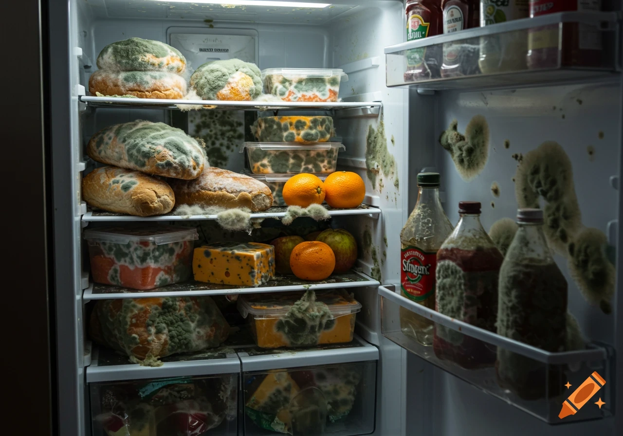 A photorealistic image of an open refrigerator filled with various types of moldy food on shelves and in containers.