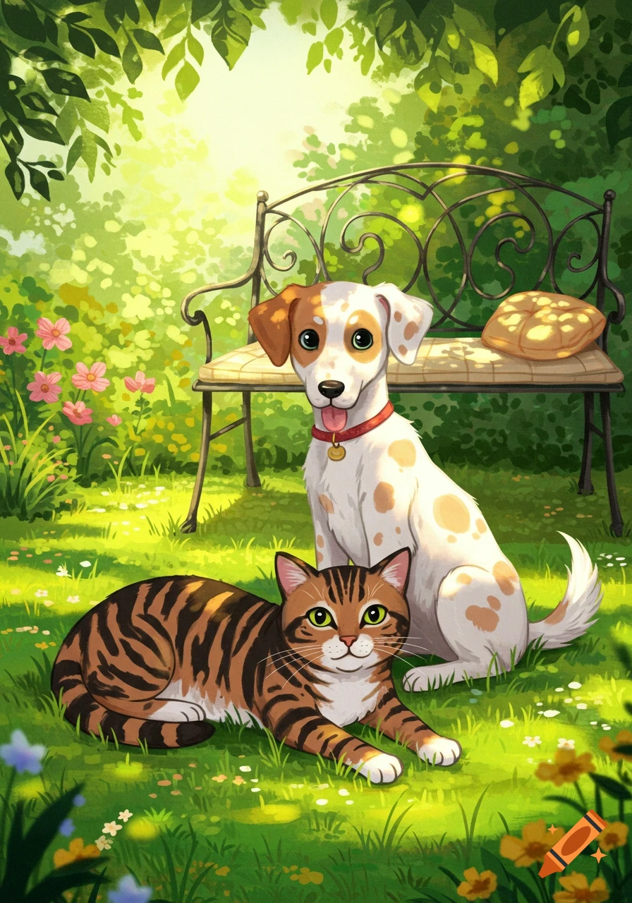 A cheerful striped cat and a polka dot dog sit in a sunny green garden with a bench, in a colorful illustration.