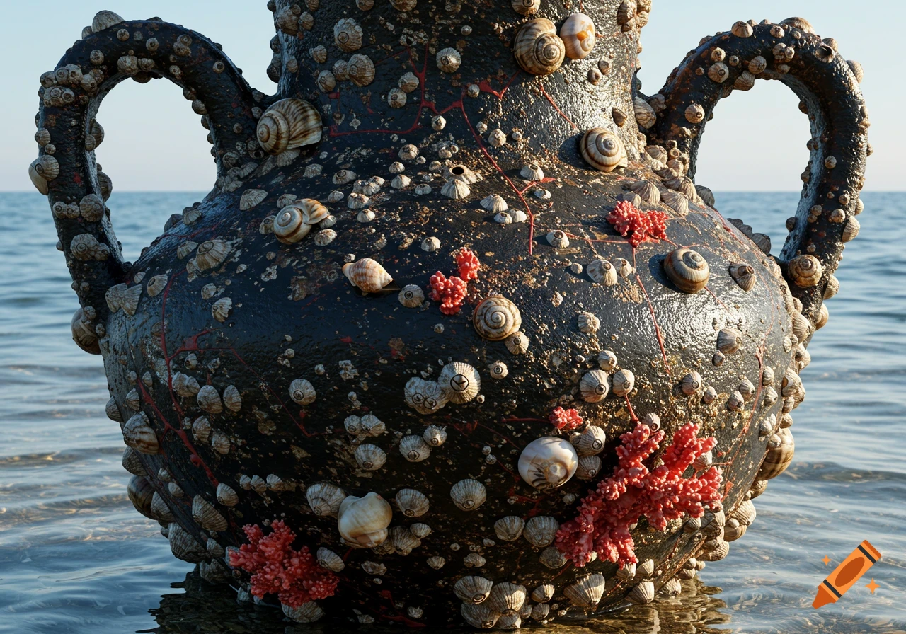 Photorealistic ancient Greek amphora covered in barnacles, seashells, and red coral, partially submerged in the ocean.