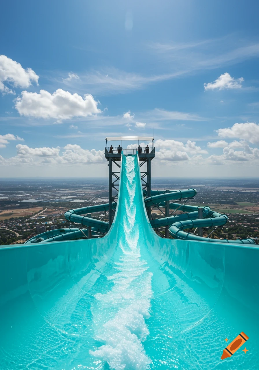 First-person view looking down a towering blue water slide with rushing water, high above a sprawling city landscape under a sunny sky.