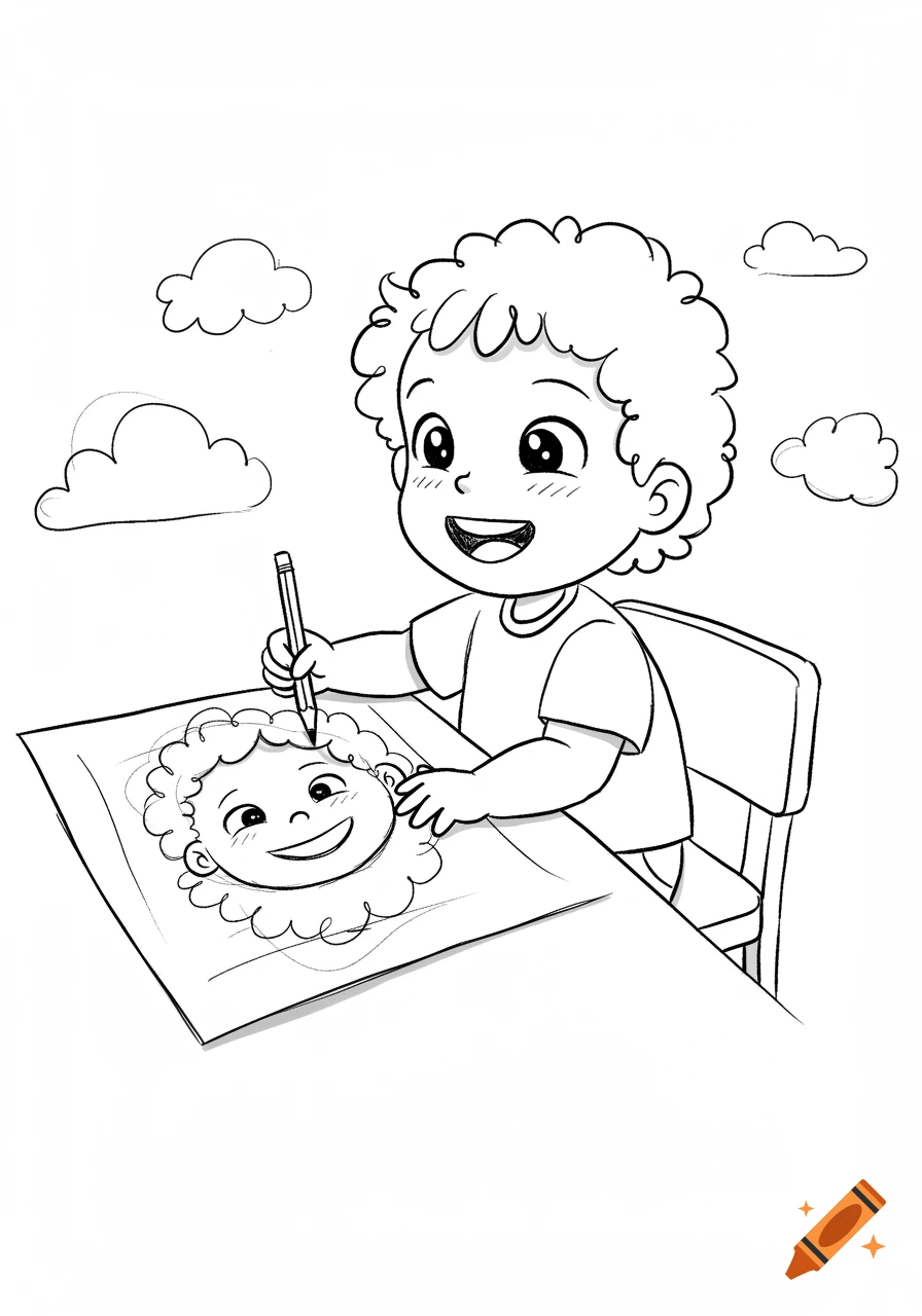 Black and white line drawing of a smiling child with curly hair sitting at a table, drawing a happy face.