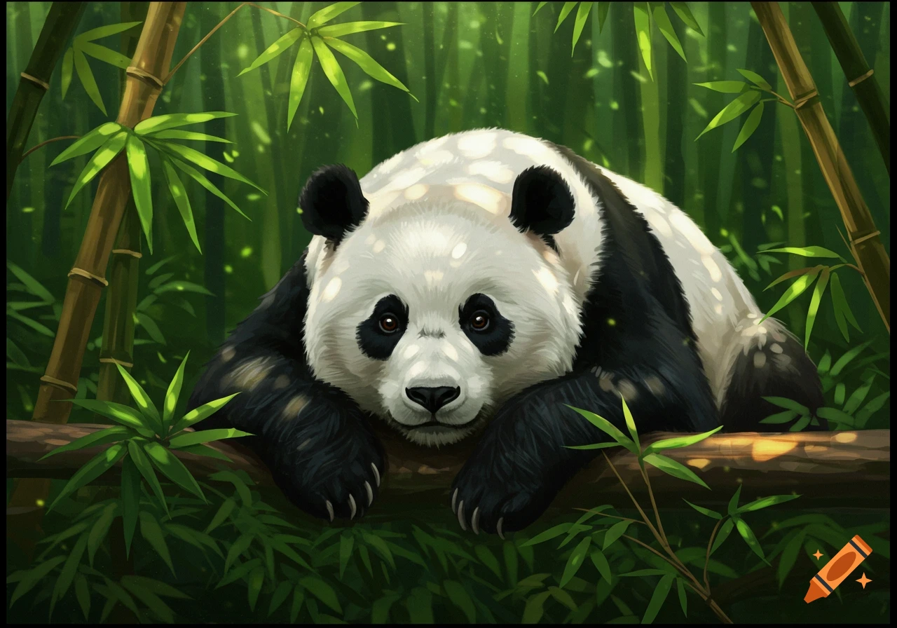 A stylized illustration of a giant panda lying on a log amidst dense green bamboo, looking directly forward.