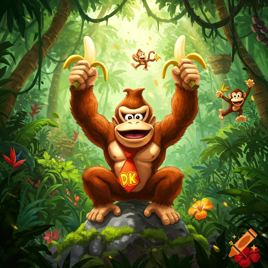 Donkey Kong crouches in a lush jungle, holding two peeled bananas up, with smaller monkeys in the background. Cartoon style.
