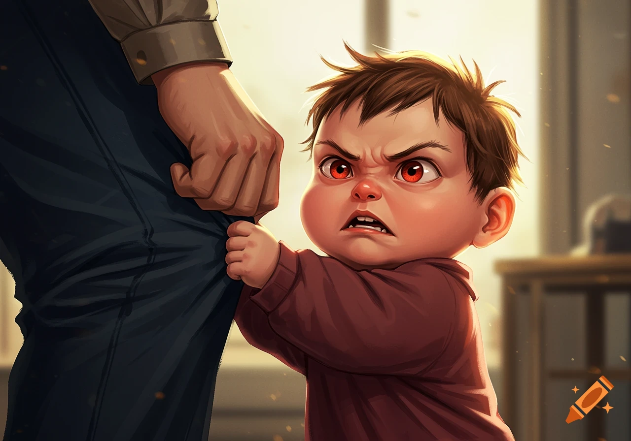A stylized cartoon illustration of an angry child with red eyes, gripping the pant leg of a taller person.