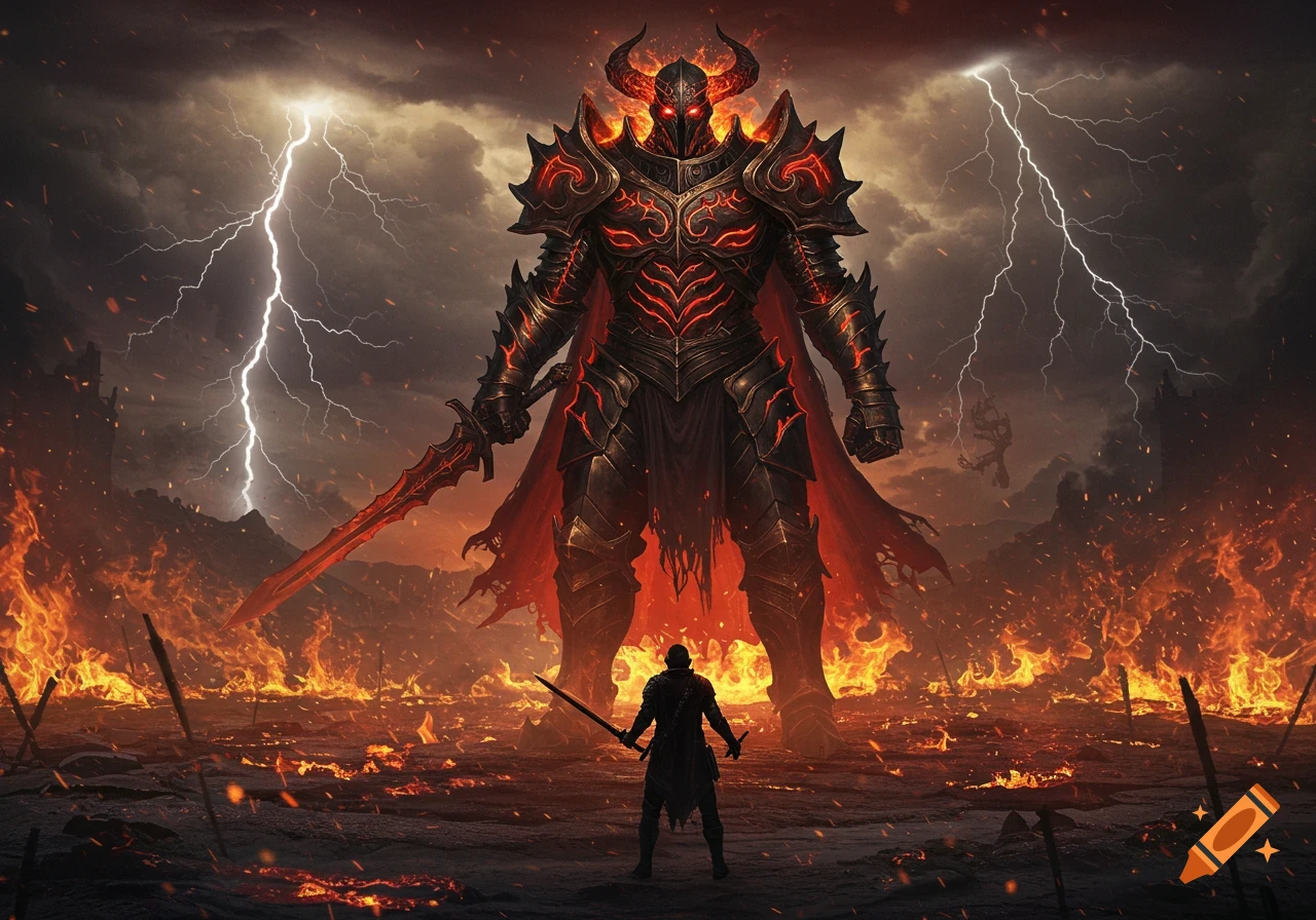 A small warrior with a sword faces a giant, horned, demonic knight in black and red armor amidst a fiery wasteland with lightning striking from a stormy sky.