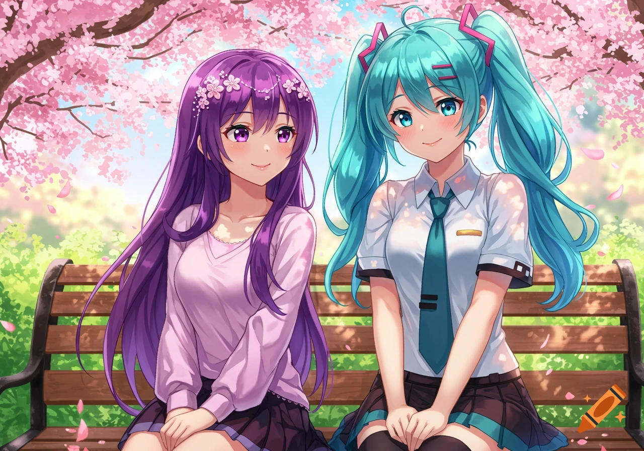 Two anime girls, one with purple hair and one with teal hair, sit on a park bench under blooming cherry blossoms.