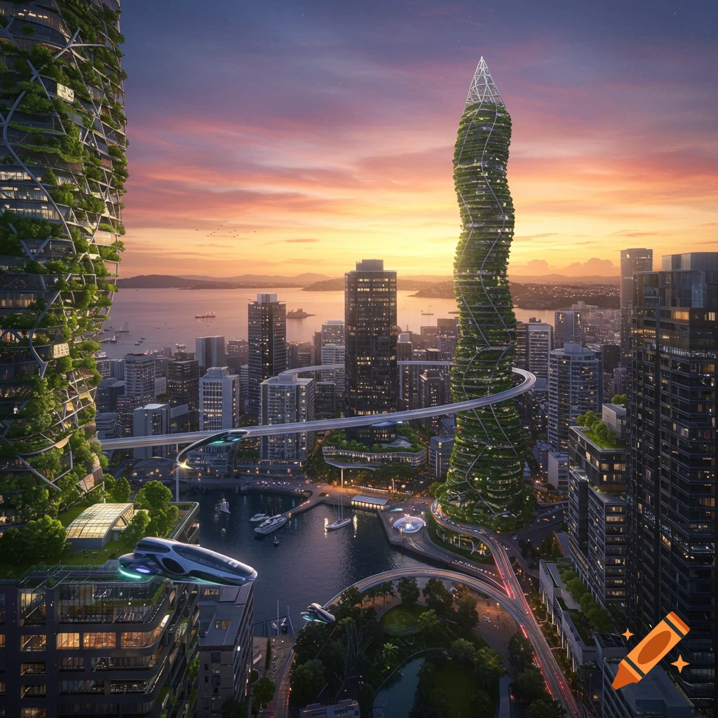 Photorealistic image of a futuristic green city skyline with flying vehicles and twisting buildings at sunset.