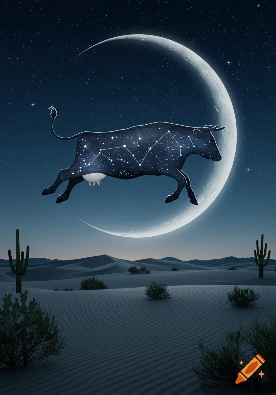 Whimsical starry cow leaping over a crescent moon above a desert landscape with cacti.