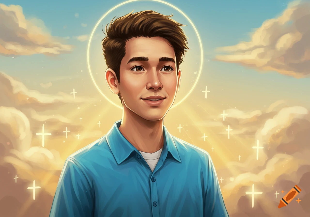 Illustrated portrait of a young man with a halo, smiling against a sky with clouds, sunlight, and glowing crosses.
