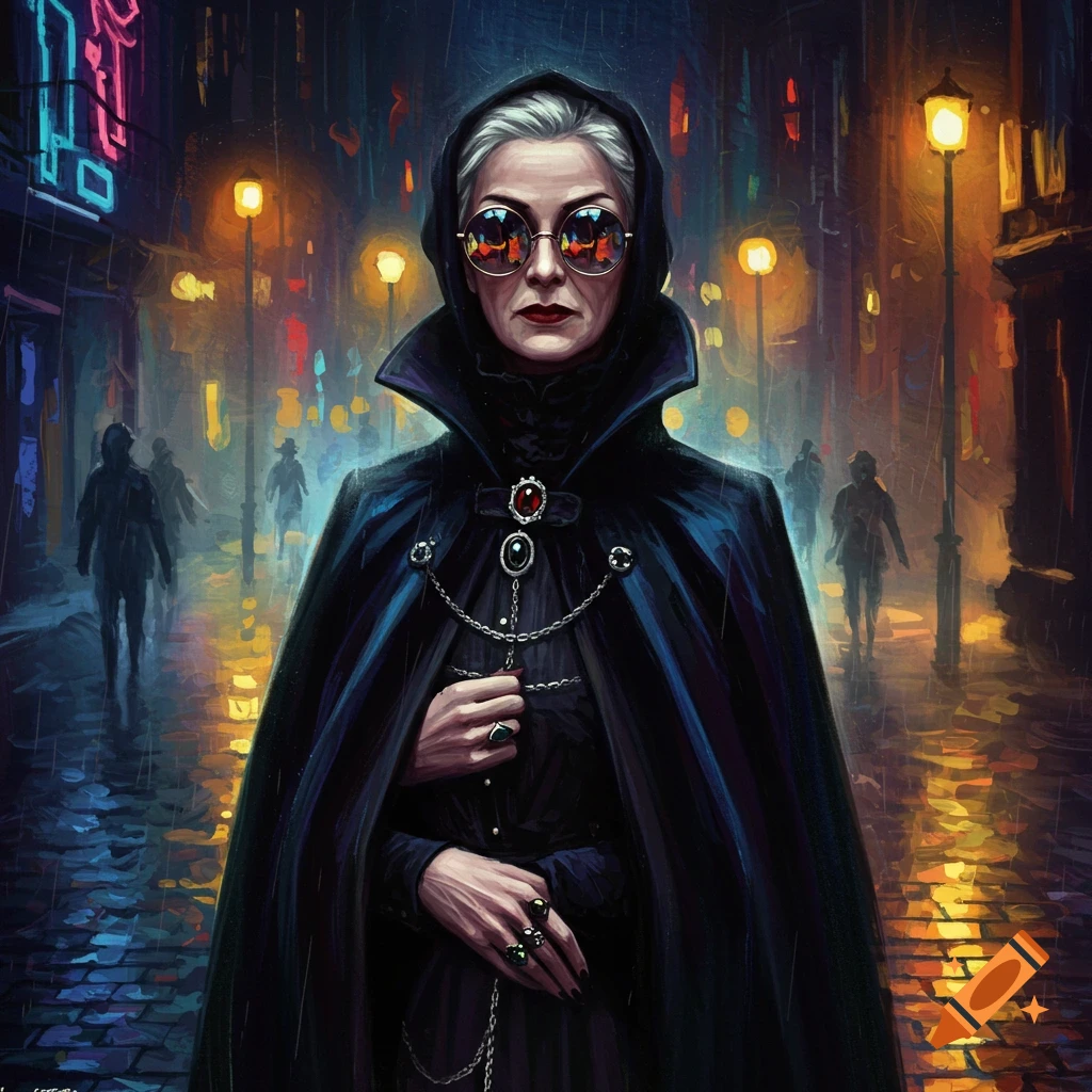 Gothic woman in black cape and mirrored sunglasses on a rainy, neon-lit city street in a painterly style.