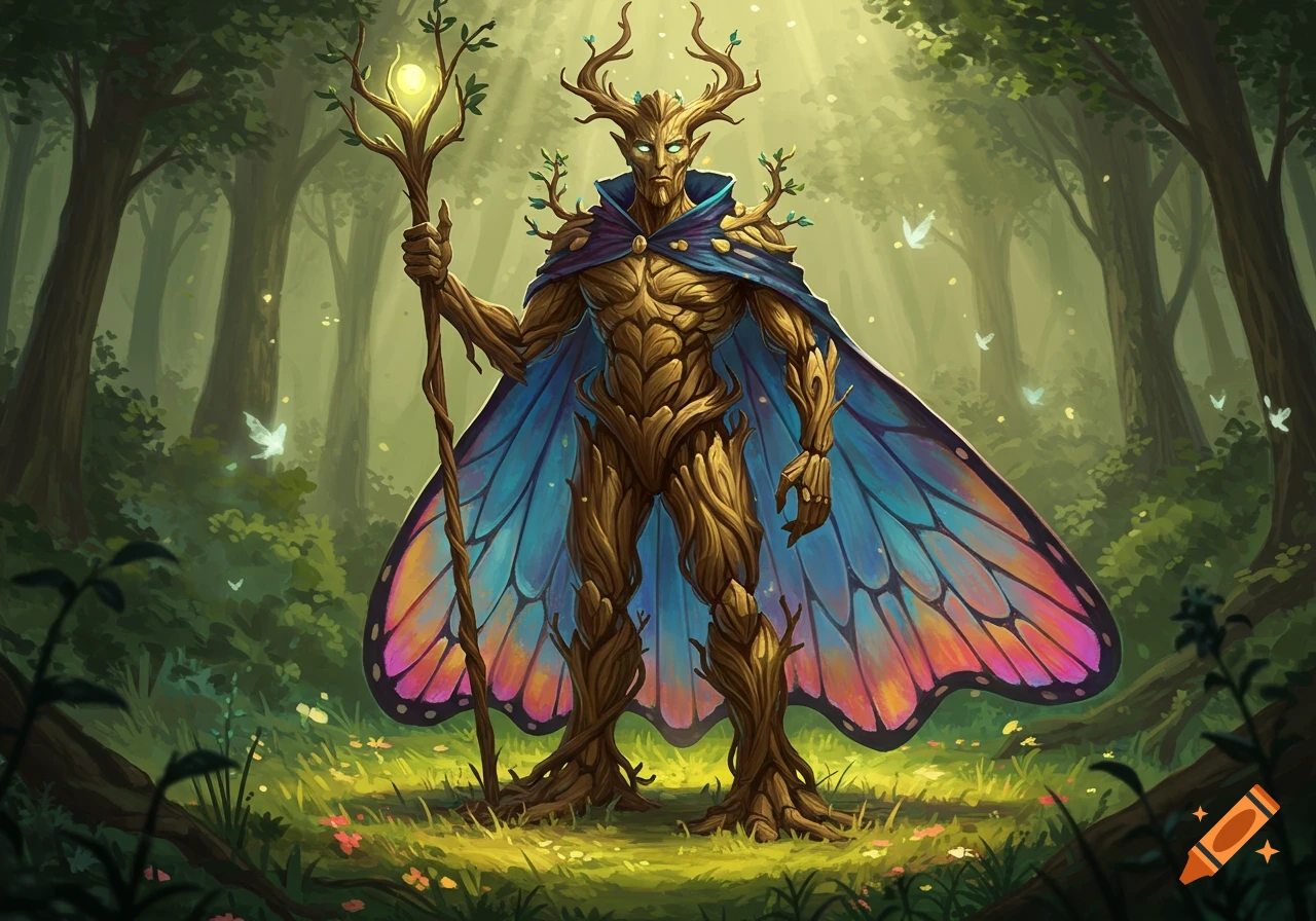 A male druid with a body made of wood and antlers, wearing a vibrant butterfly-patterned cloak, stands in a mystical sunlit forest.