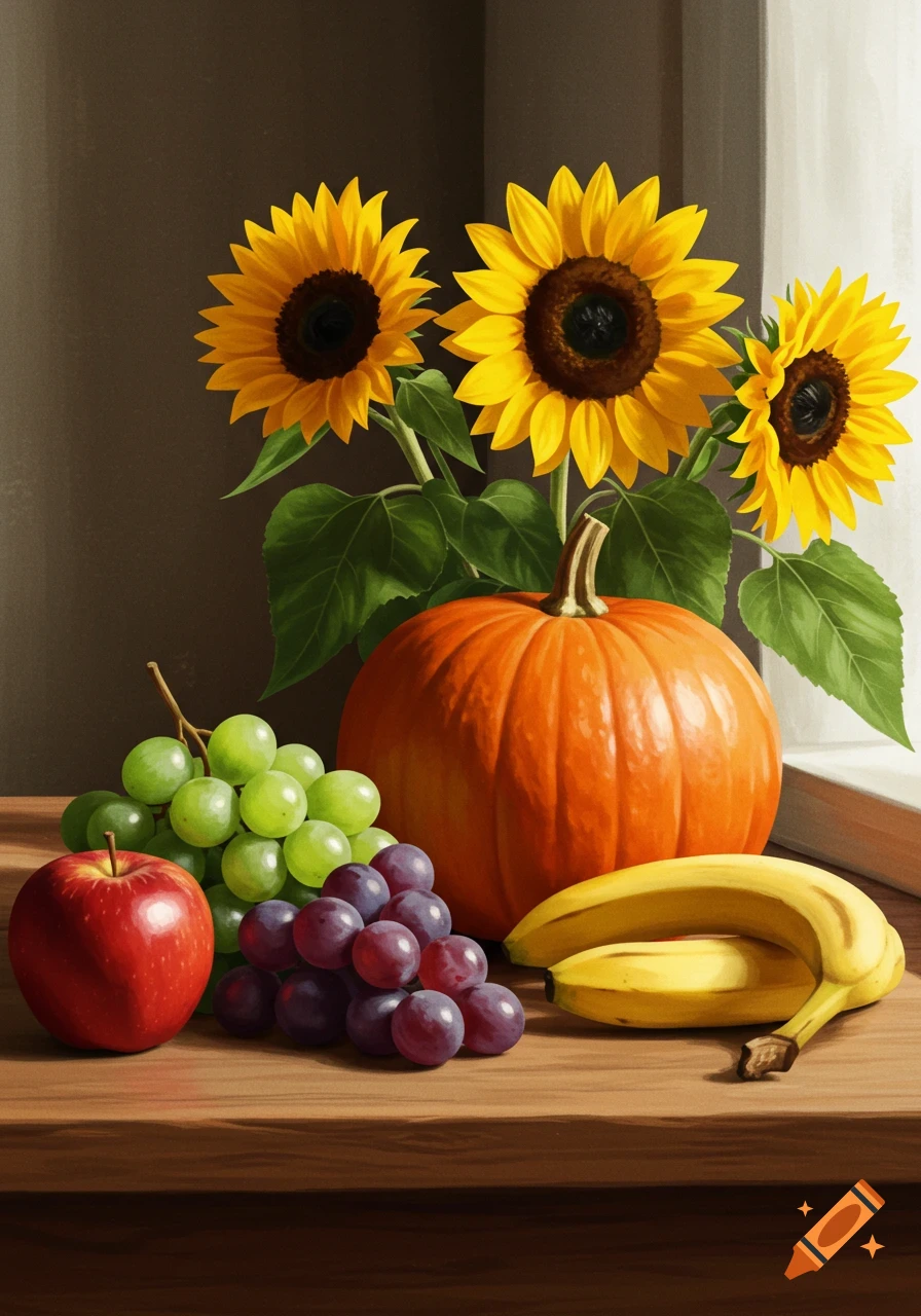 Colorful still life painting of sunflowers, a pumpkin, green and purple grapes, a red apple, and bananas on a wooden table.