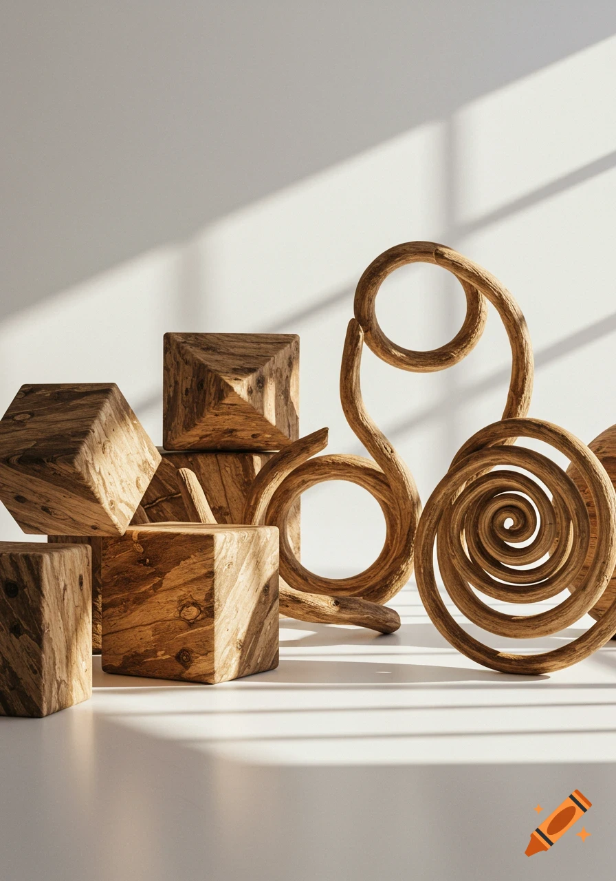 Wooden geometric cubes and pyramids, with swirling and spiraling wooden art pieces, casting shadows on a white surface.