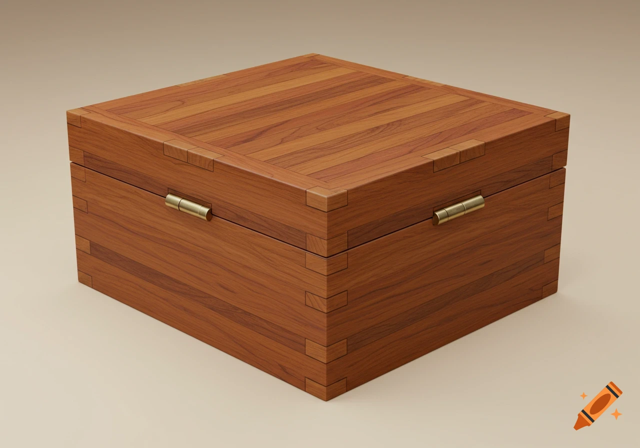 A polished wooden box with visible finger joints and two brass hinges on a light background.