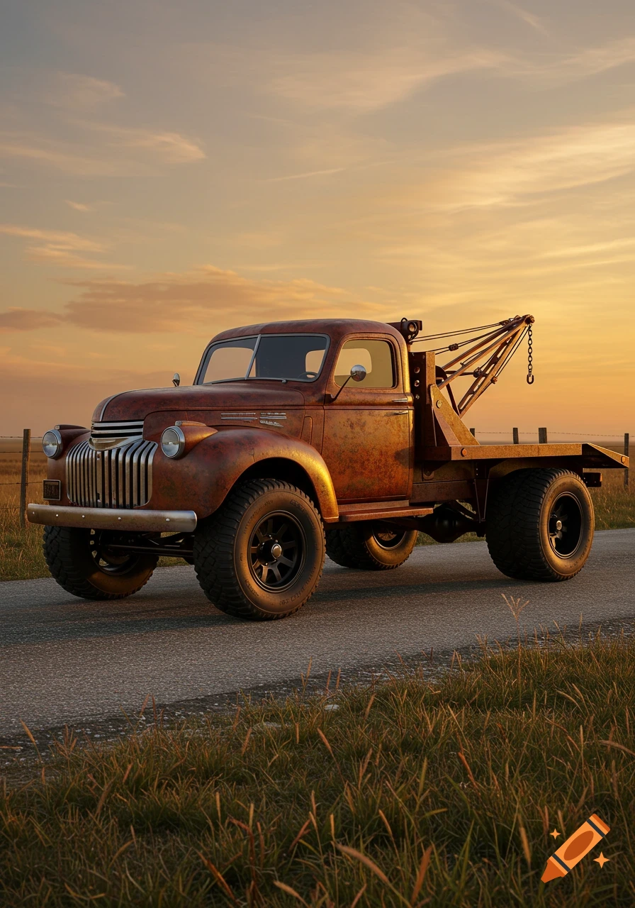 A rusty vintage 1947 Chevy 1.5-ton tow truck with a flatbed and large tires, parked on a rural road at sunset.