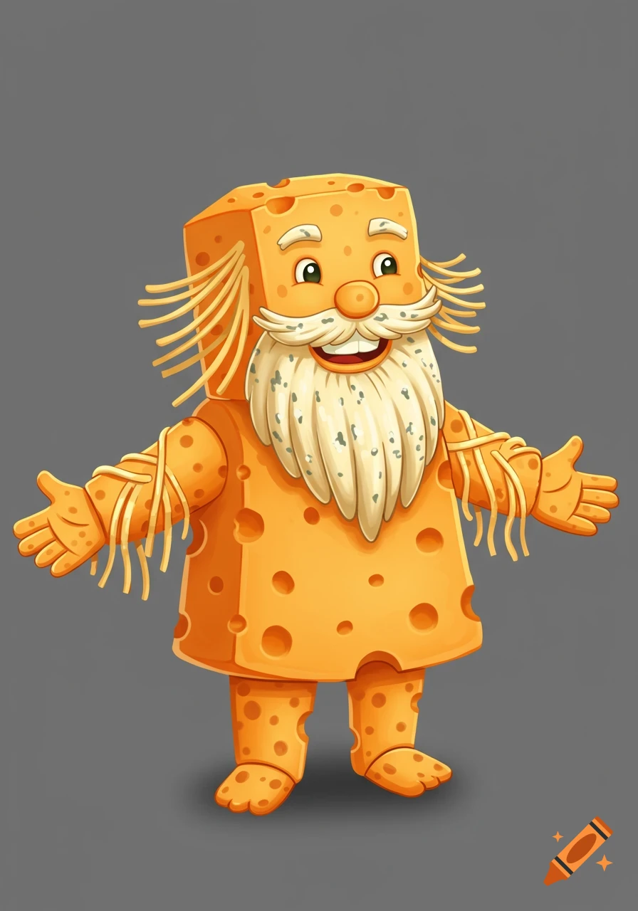 A smiling, cartoon block of Swiss cheese character with a white beard and spaghetti-like hair and arm hair, standing on a grey background.
