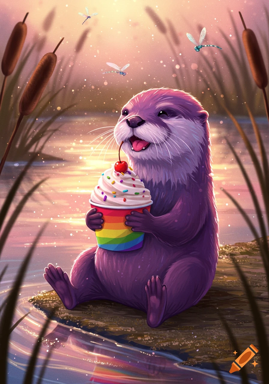 Vibrant illustration of a happy purple otter holding a rainbow cupcake, sitting in water at sunset with dragonflies flying above.