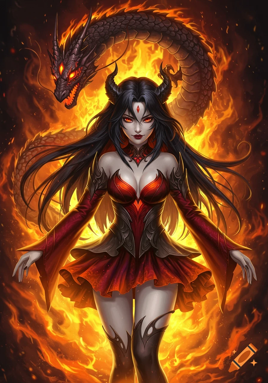 Anime-style demon girl with long black hair, horns, and red eyes, wearing a red dress, standing in fire with a black dragon.