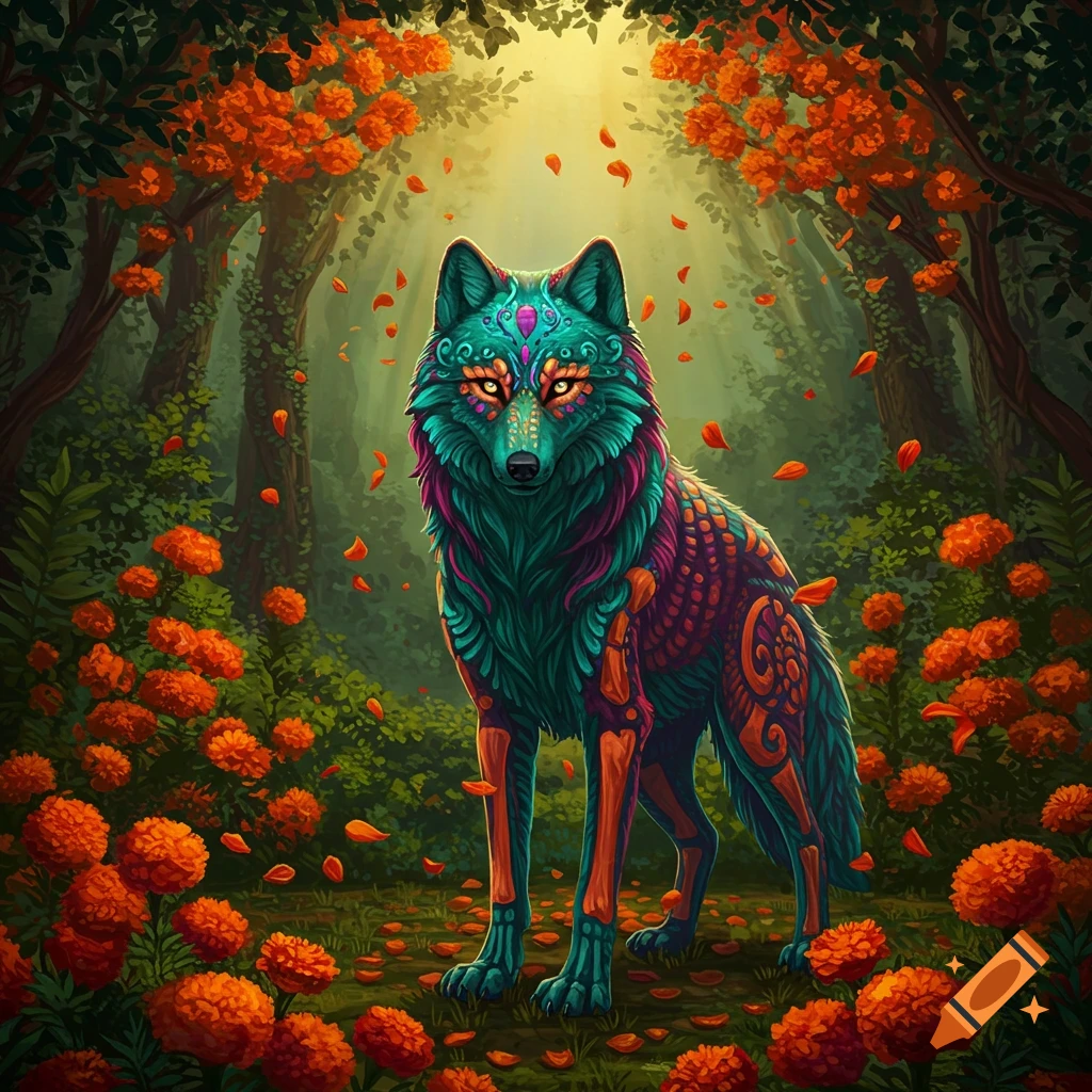 A vibrant alebrije-style wolf with glowing eyes, standing in a forest filled with orange marigolds and falling petals.