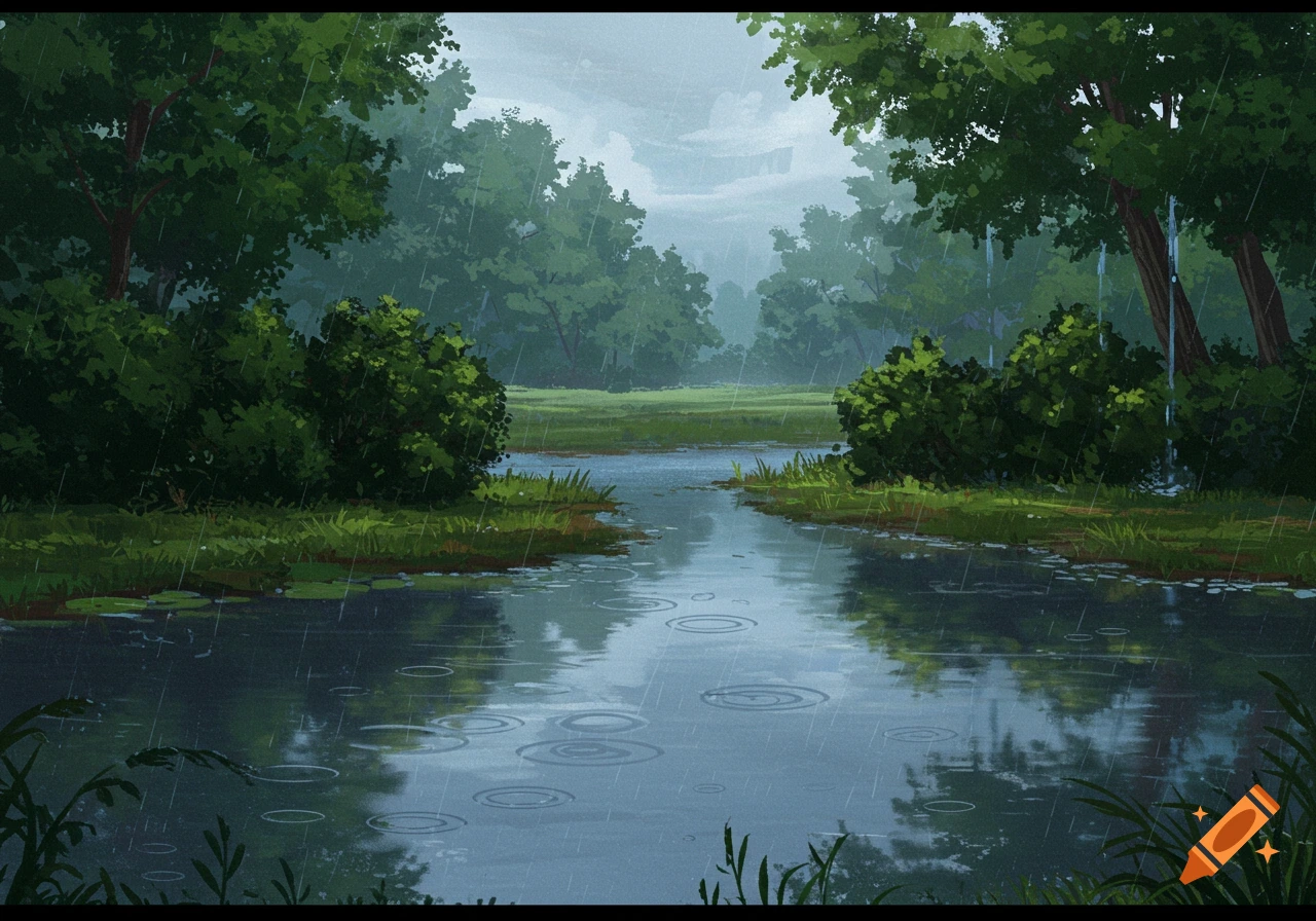 Illustrated rainy forest scene with a stream reflecting trees and ripples from falling raindrops.