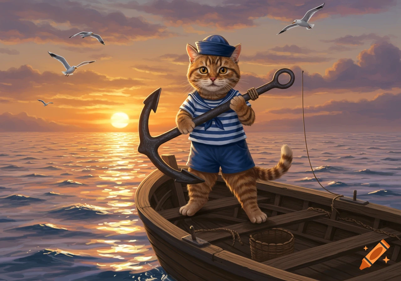 A cartoon tabby cat in a sailor outfit stands on a boat, holding an anchor, at sunset with seagulls flying.