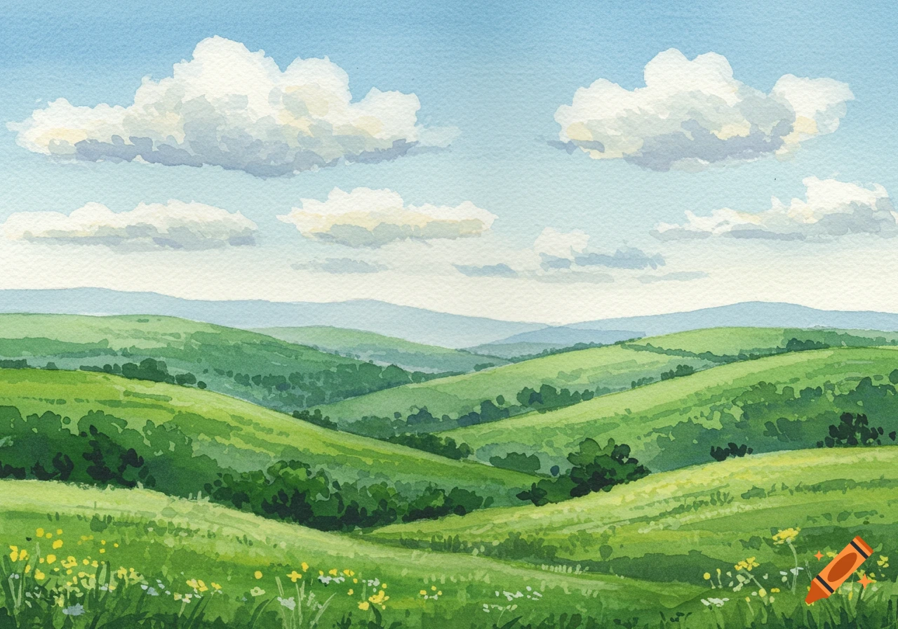 Watercolor painting of rolling green hills under a blue sky with fluffy clouds, with flowers in the foreground.