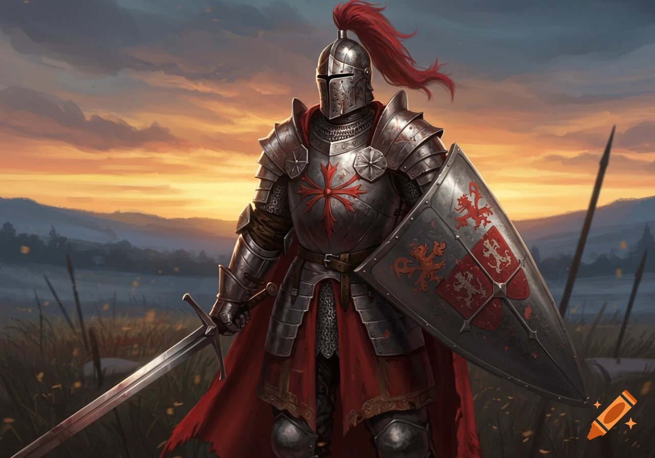 A fully armored knight holding a sword and shield stands on a battlefield at sunset in a digital painting style.