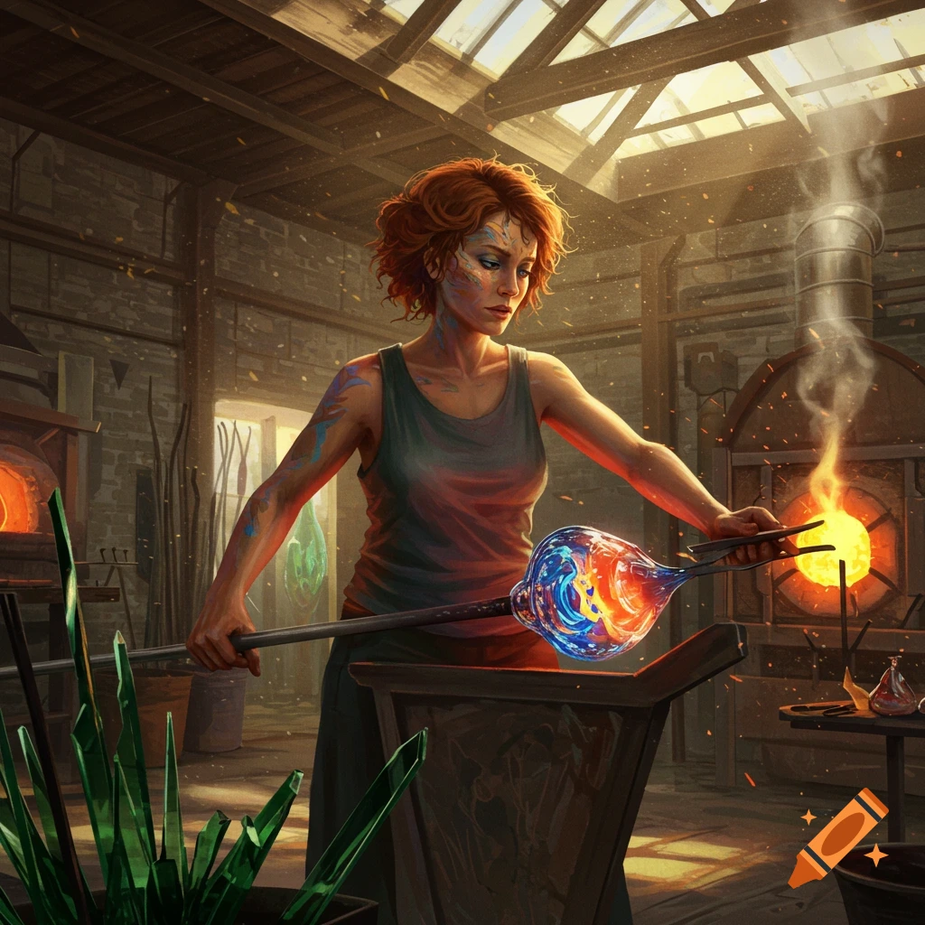 Red-haired artisan blowing glowing glass in a vibrant workshop, heat from a furnace illuminating the scene, artistic style.