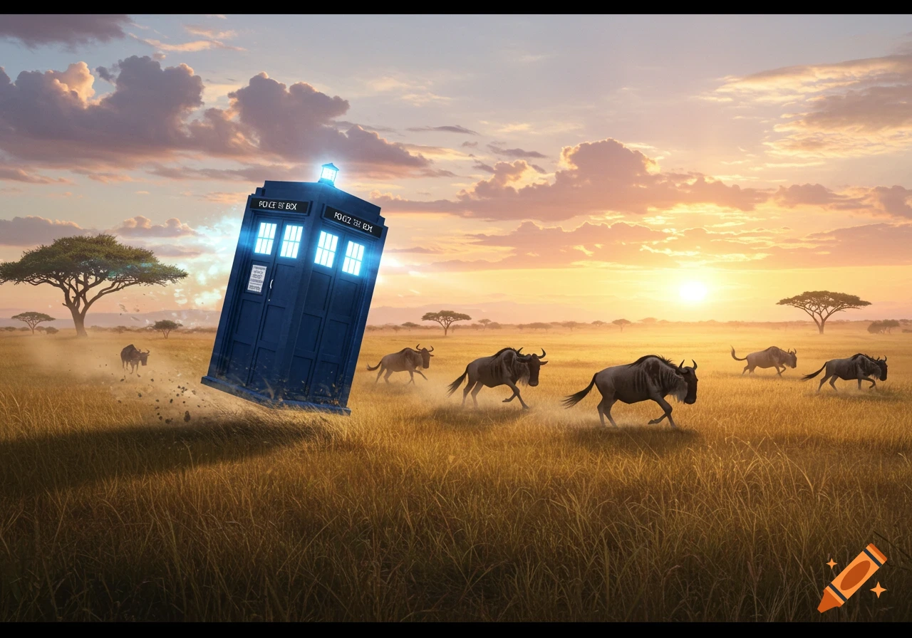 A blue TARDIS floats above an African savanna at sunset, with a herd of wildebeest running in the foreground.