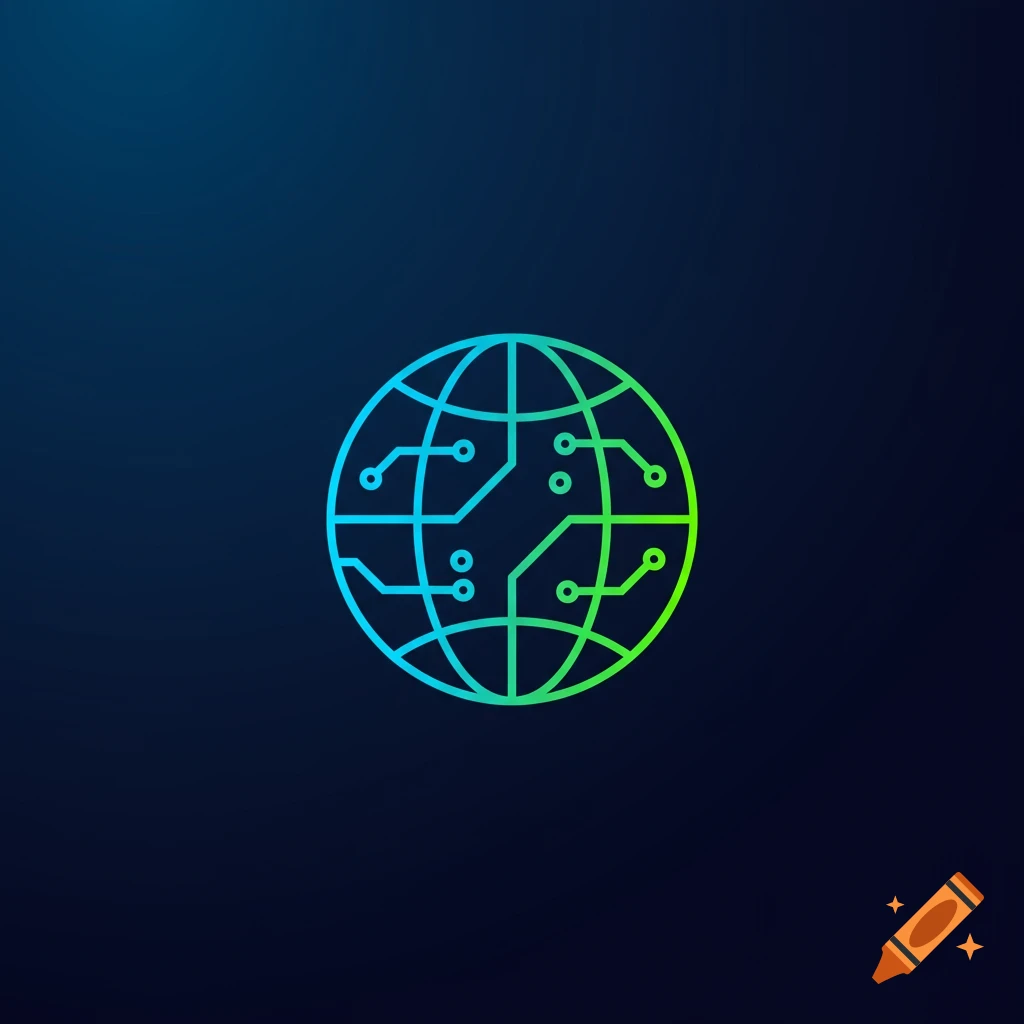 A minimalist digital icon of a stylized globe with circuit board lines, rendered in a blue to green gradient on a dark blue background.